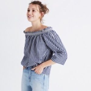 Madewell Smocked Blue White Gingham Off Shoulder Top Size Large